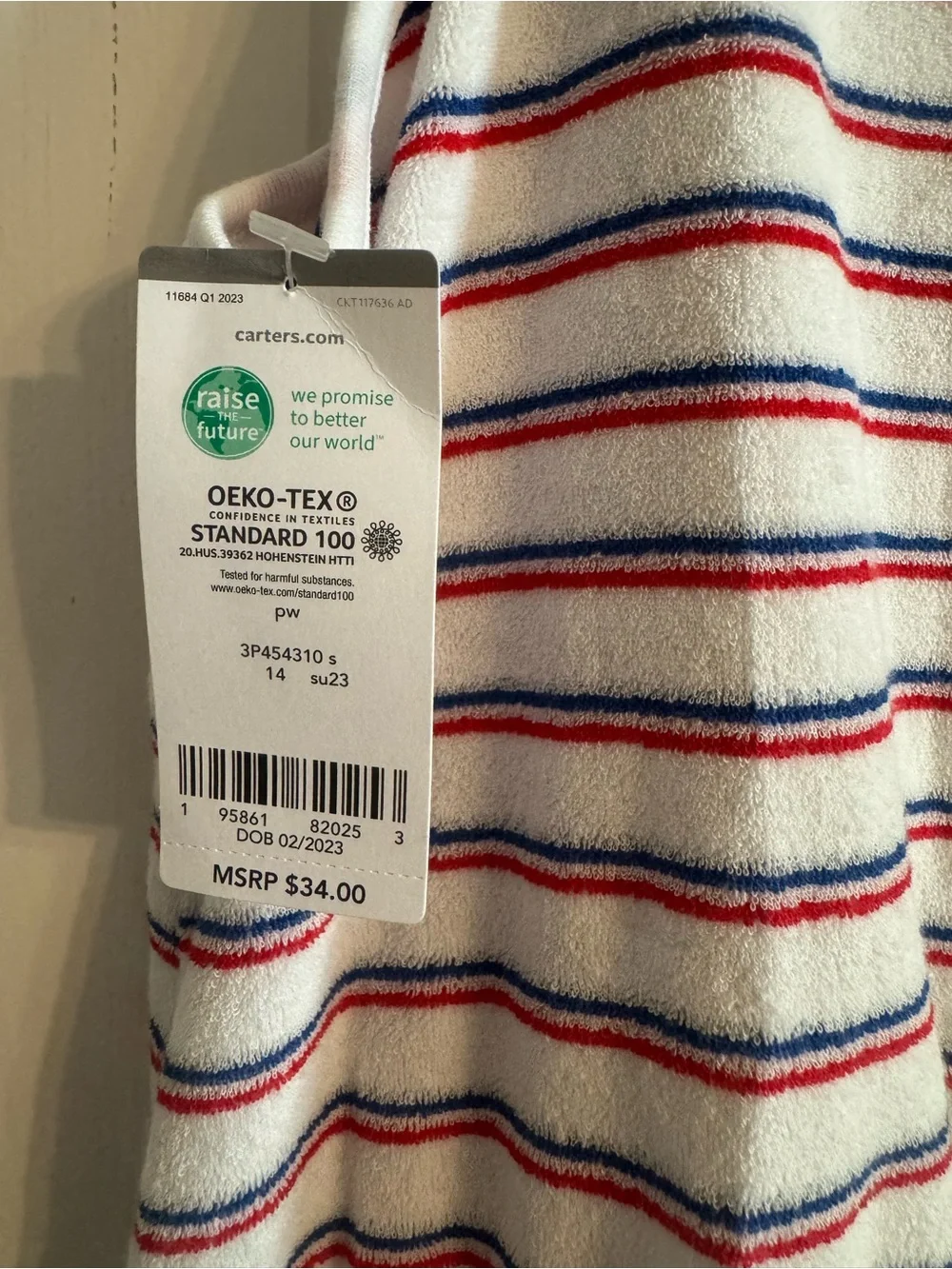 Carter's White Terry Romper with Red and Navy Stripes